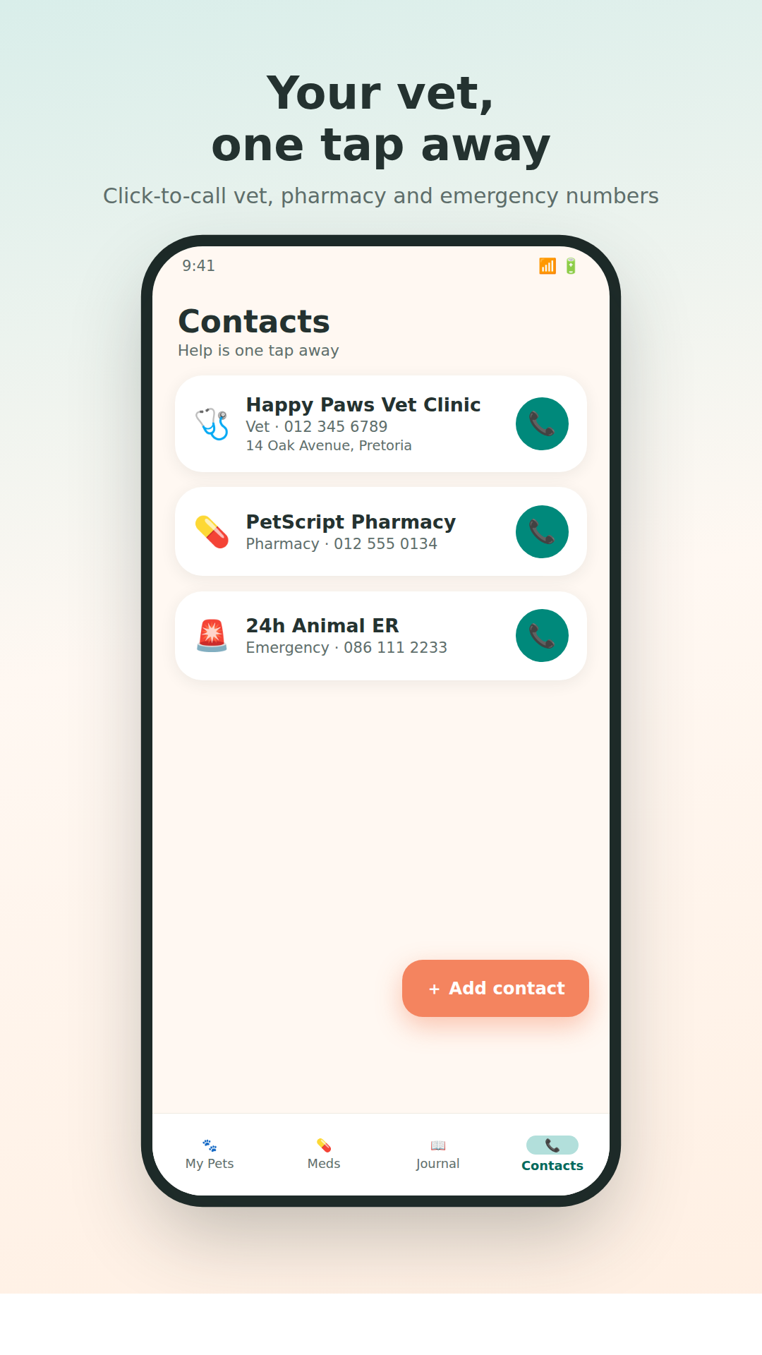 Contacts screen with click-to-call vet and pharmacy numbers