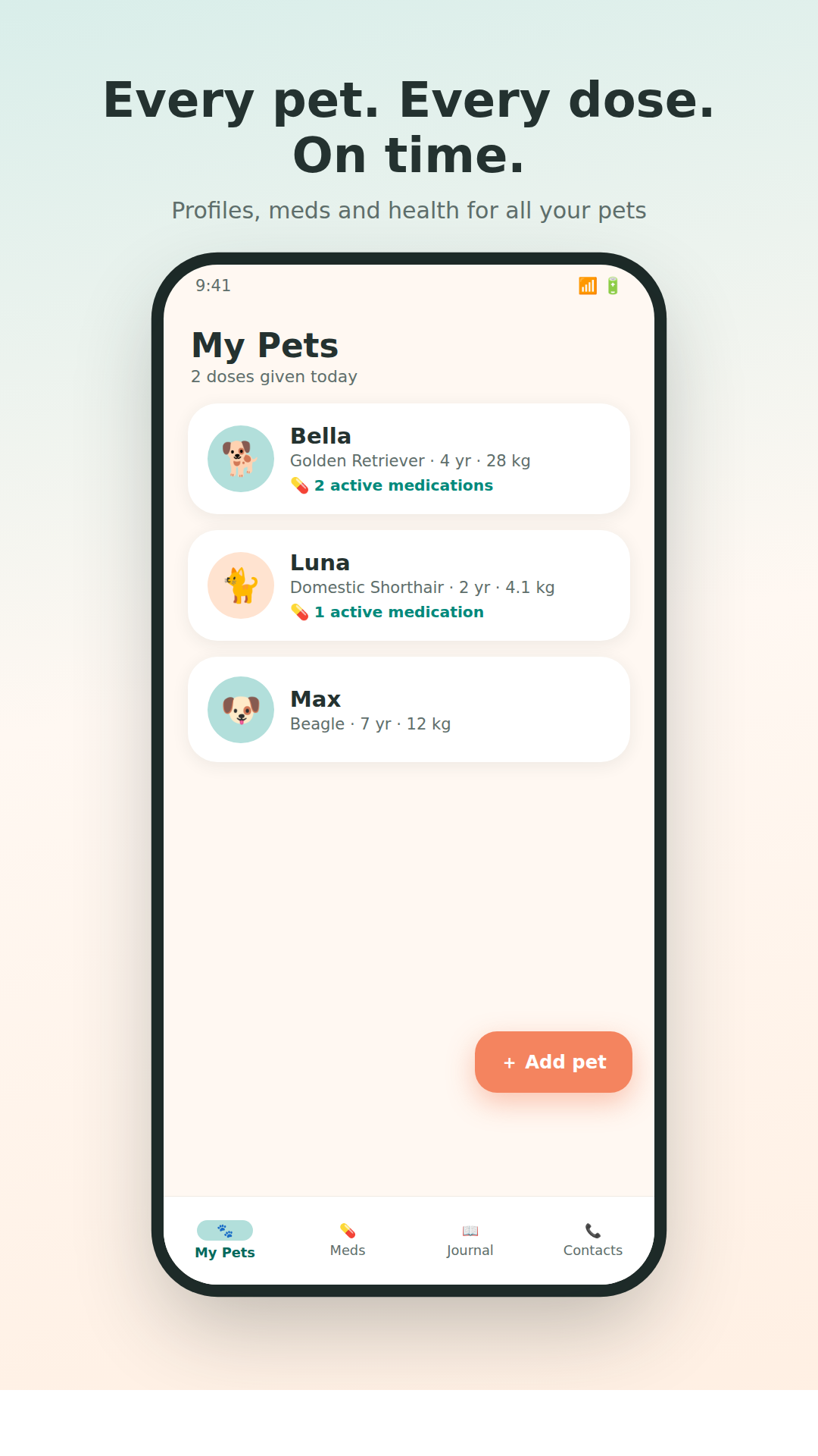 PawKeeper app screenshot showing pet profiles for Bella, Luna and Max