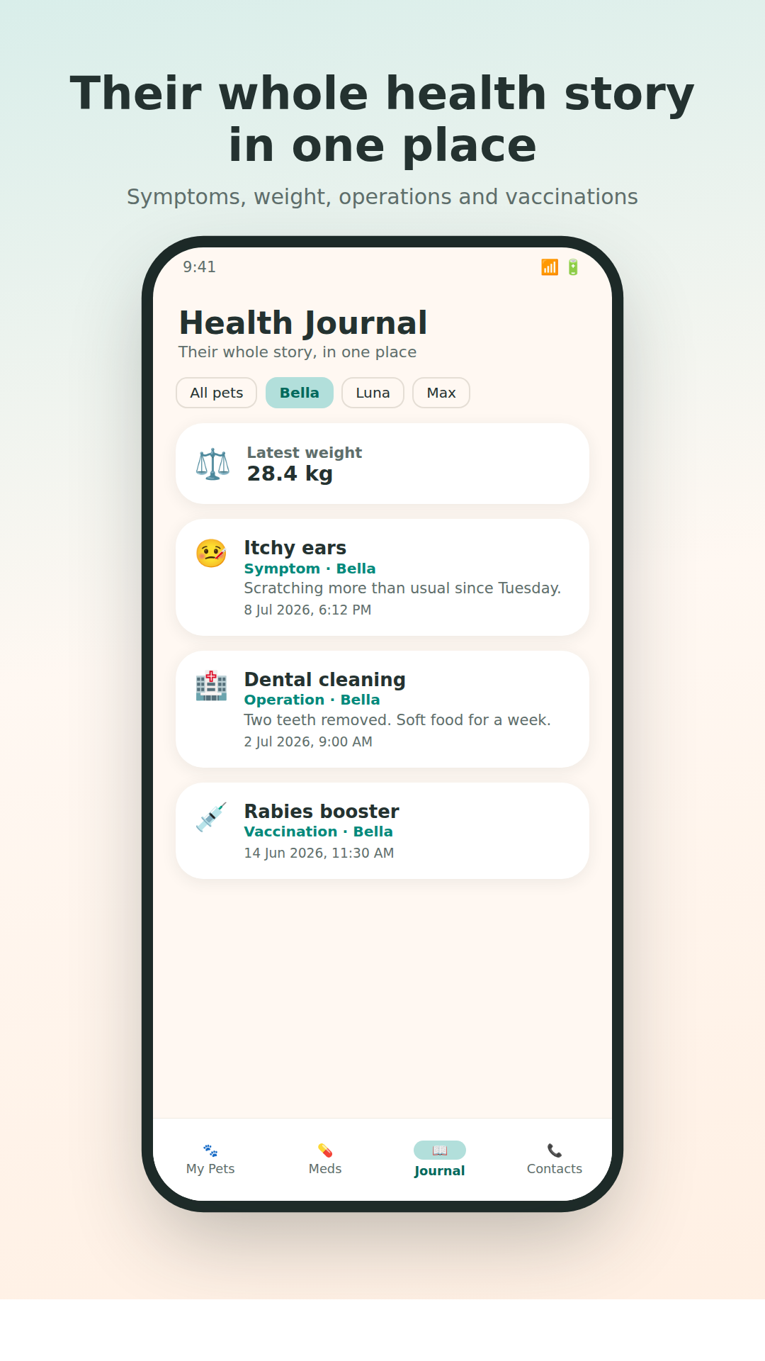 Health journal screen with symptoms and weight tracking
