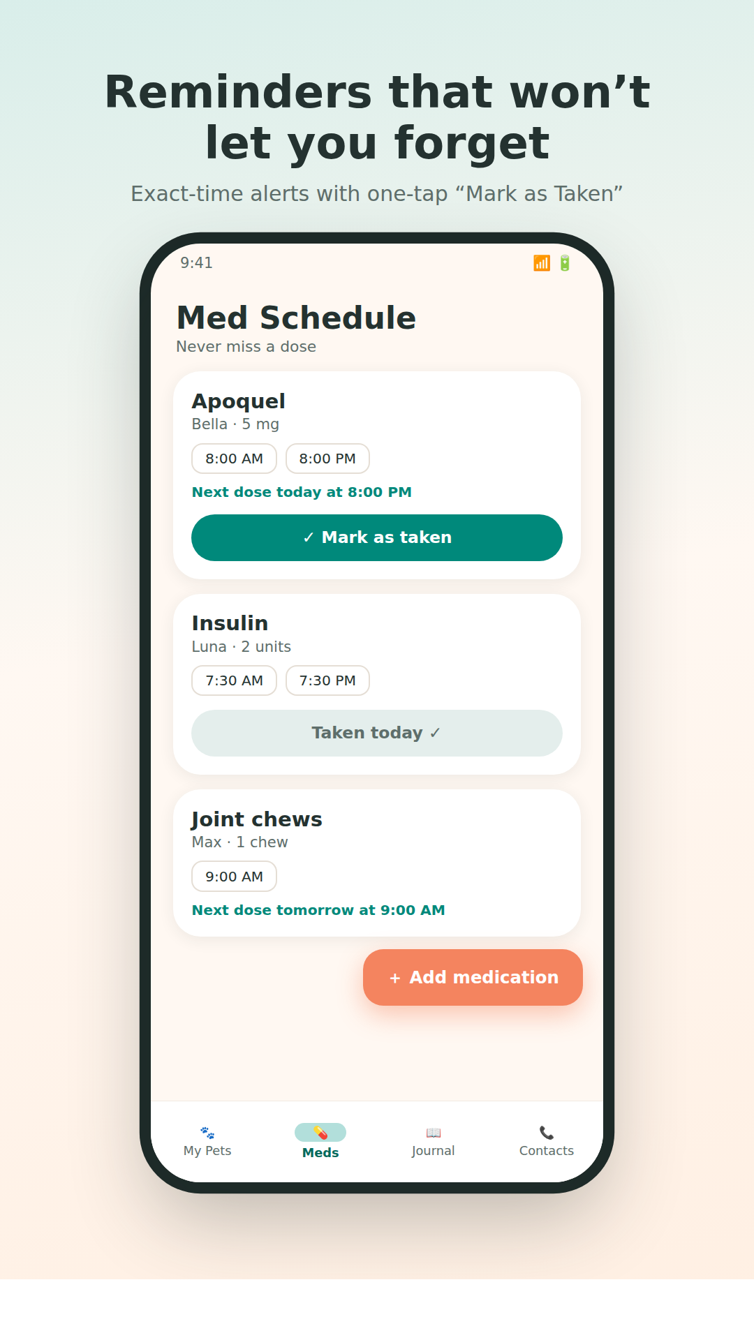 Medication schedule screen with dose reminders